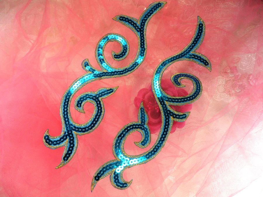Sequin Appliques Turquoise Gold Designer Mirror Pair Iron on 9 (GB505X)
