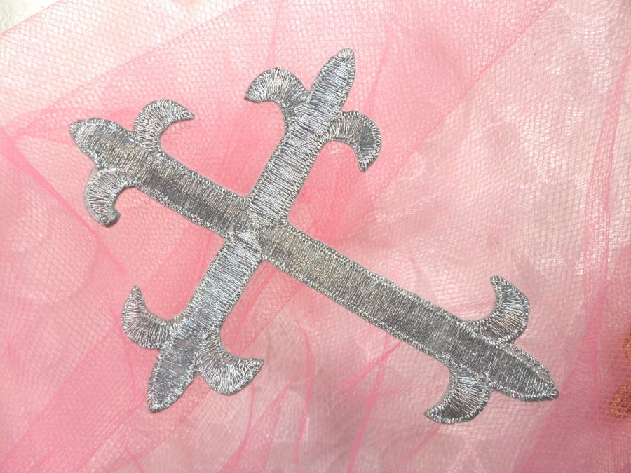 Silver Metallic Cross Embroidered Applique Iron On Patch 3.75 (GB516)