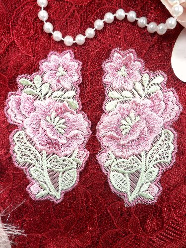 GB51x Peony Flower Pink Green Venice Lace Floral Applique Mirror Pair 4\