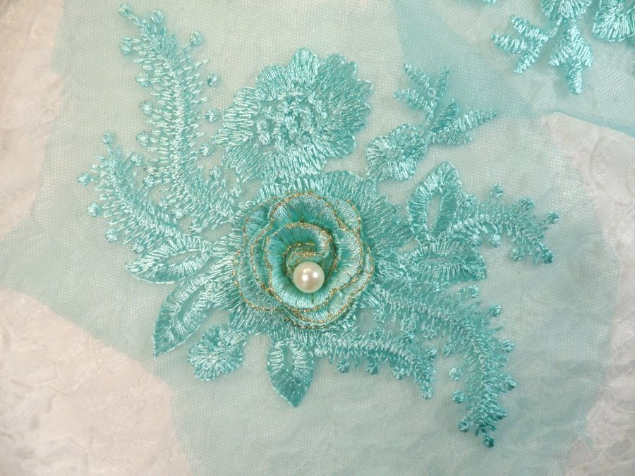 Teal 3D Embroidered Floral Venise Lace With Pearl Applique 7 (GB560)