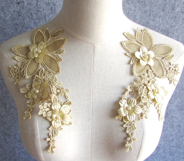 3D Embroidered Silk Appliques Champagne Floral Mirror Pair With Pearls 8.25 (GB545X)