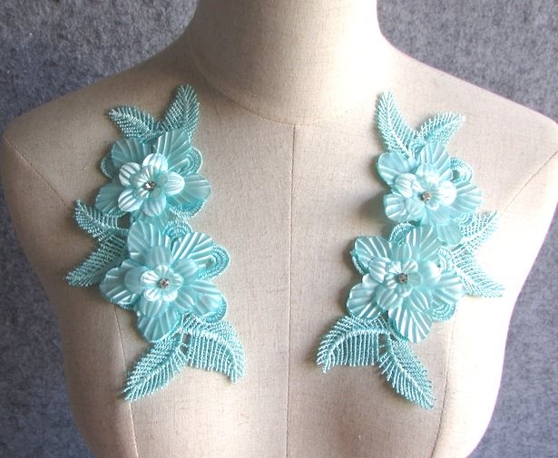 3D Embroidered Silk Appliques Light Turquoise Floral Mirror Pair With Rhinestones 6.5 (GB546X)