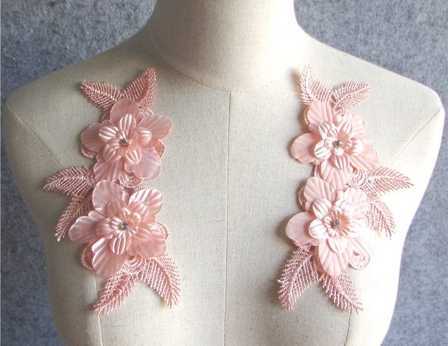 3D Embroidered Silk Appliques Pink Floral Mirror Pair With Rhinestones 6.5 (GB546X)