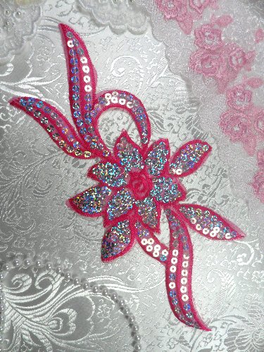 GB58 Dark Pink Fuchsia Flower Sequin Embroidered Floral Applique 9.5