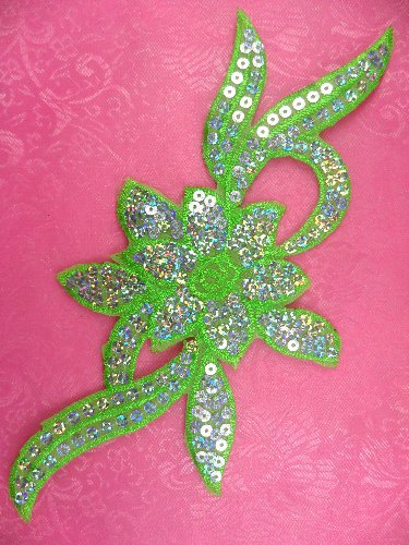 GB58 Green Flower Sequin Embroidered Floral Applique 9.5