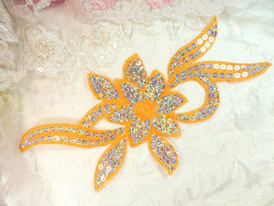 Orange Silver Holographic Flower Sequin Embroidered Applique 9.5 (GB58)