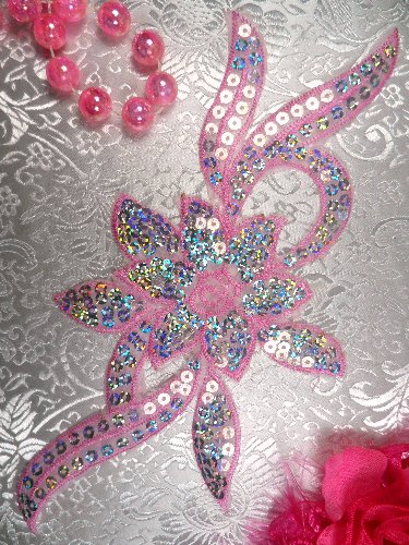 GB58 Light Pink Flower Sequin Embroidered Floral Applique 9.5