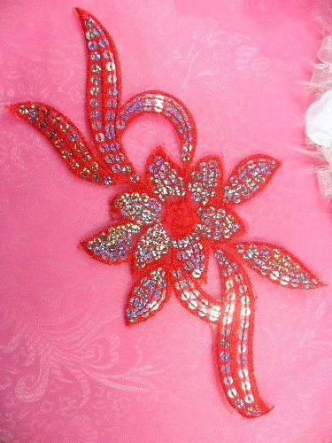 GB58 Red Flower Sequin Embroidered Floral Applique 9.5