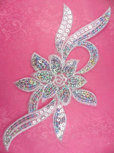 GB58 White Flower Sequin Embroidered Floral Applique 9.5