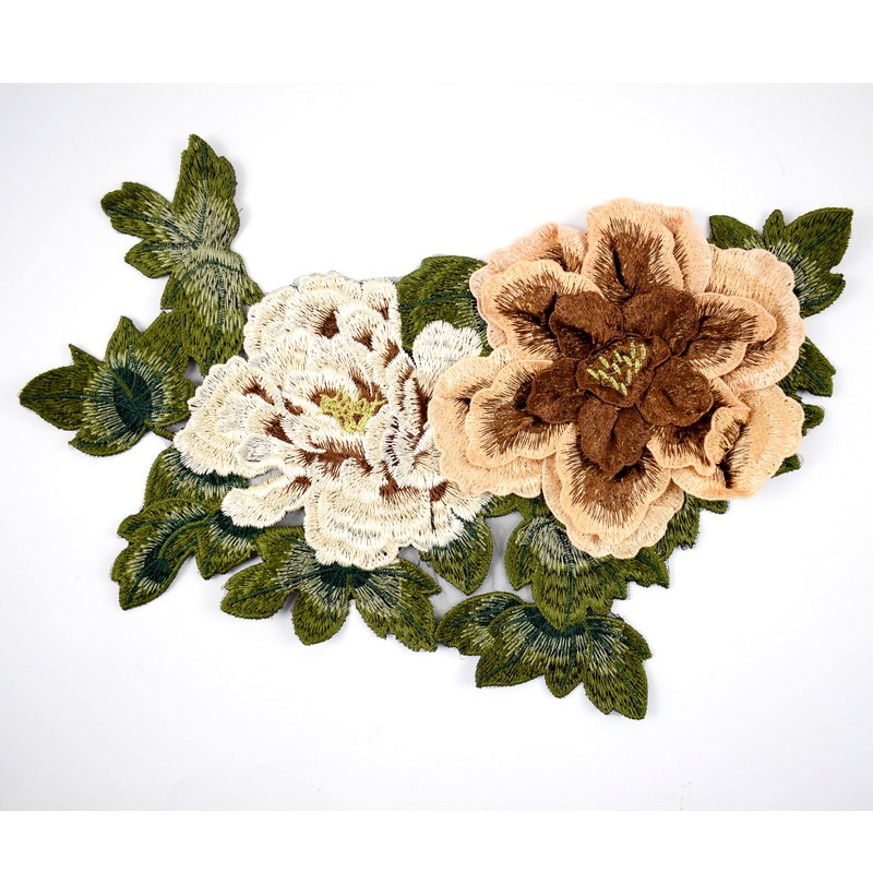 3D Applique Embroidered Floral Brown Beige Craft Patch