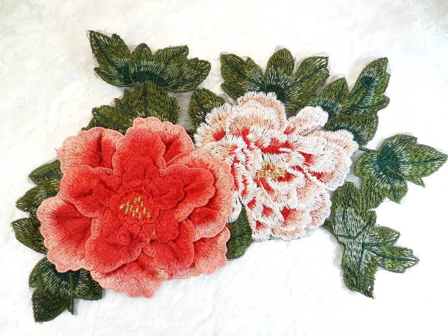 3D Applique Embroidered Floral Coral Peach Craft Patch 13.5 (GB587)