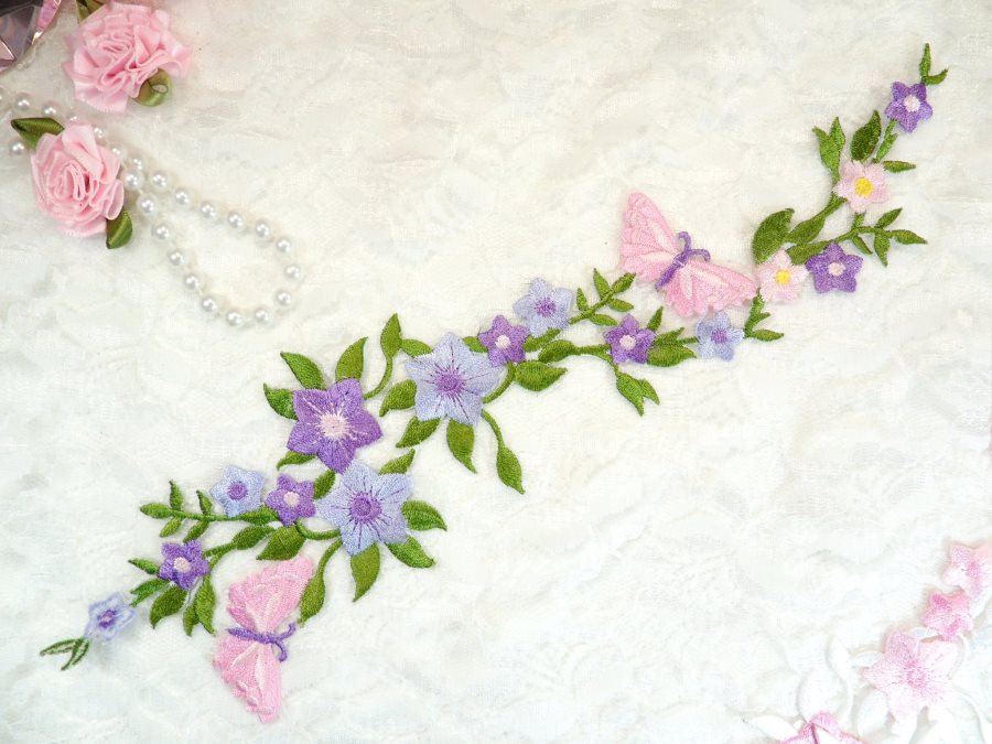 Butterfly Vine Applique Embroidered Lavender Flower Clusters Iron On