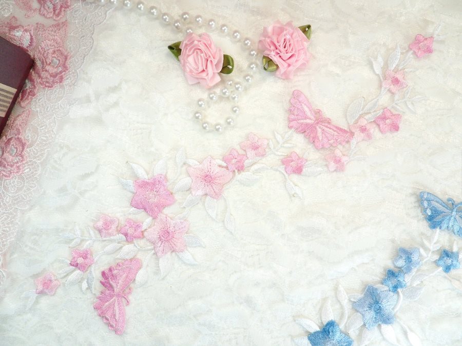 Butterfly Vine Applique Embroidered Pink Flower Clusters Iron On 10.5 (GB590)
