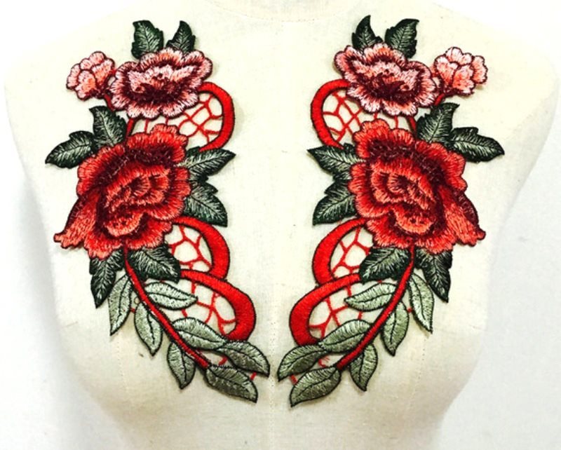 Embroidered Floral Applique Mirror Pair Red Clothing Patch Craft Motif 10.5 (GB600X)