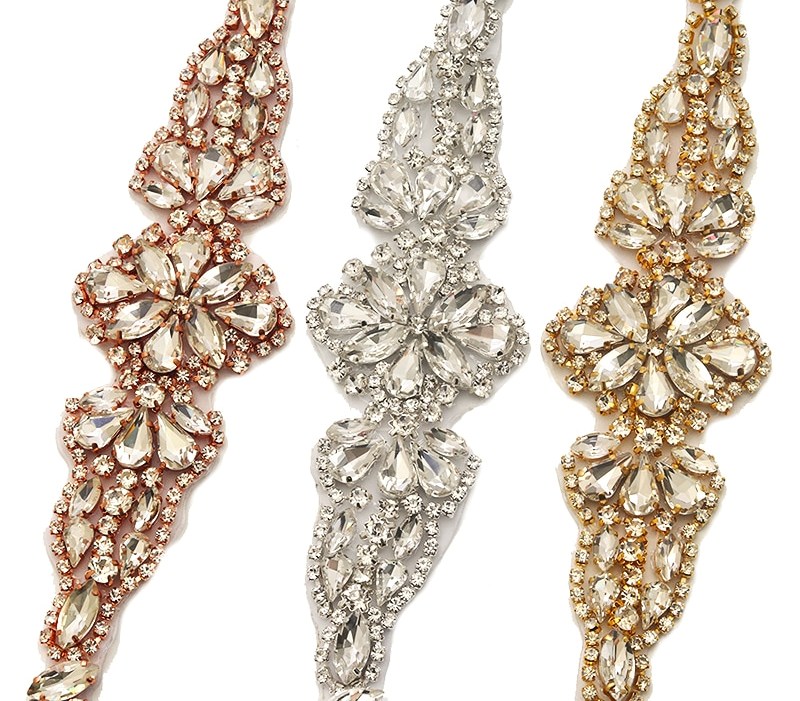 18 Long Gold Bridal Sash Applique w/ Matching Beads Surrounding Crystal Rhinestones (GB632)