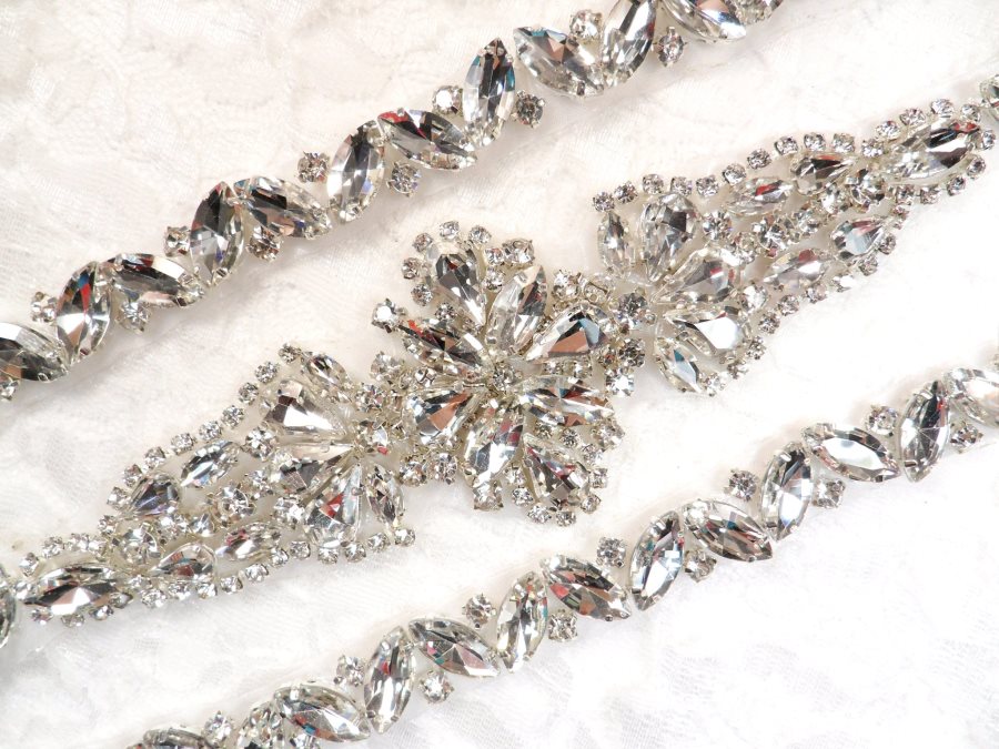 18 Silver Bridal Sash Applique w/ Matching Beads Surrounding Crystal Rhinestones 18 (GB613)