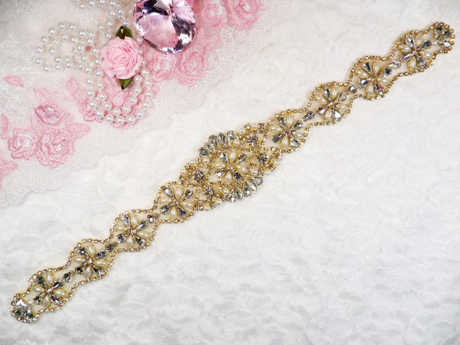 Gold Bridal Sash Applique w/ Matching Beads and White Pearls Surrounding Crystal Rhinestones 14 (GB622)