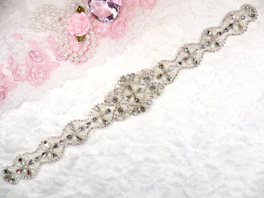 Silver Bridal Sash Applique w/ Matching Beads and Pearls Surrounding Crystal Rhinestones 14 (GB622)