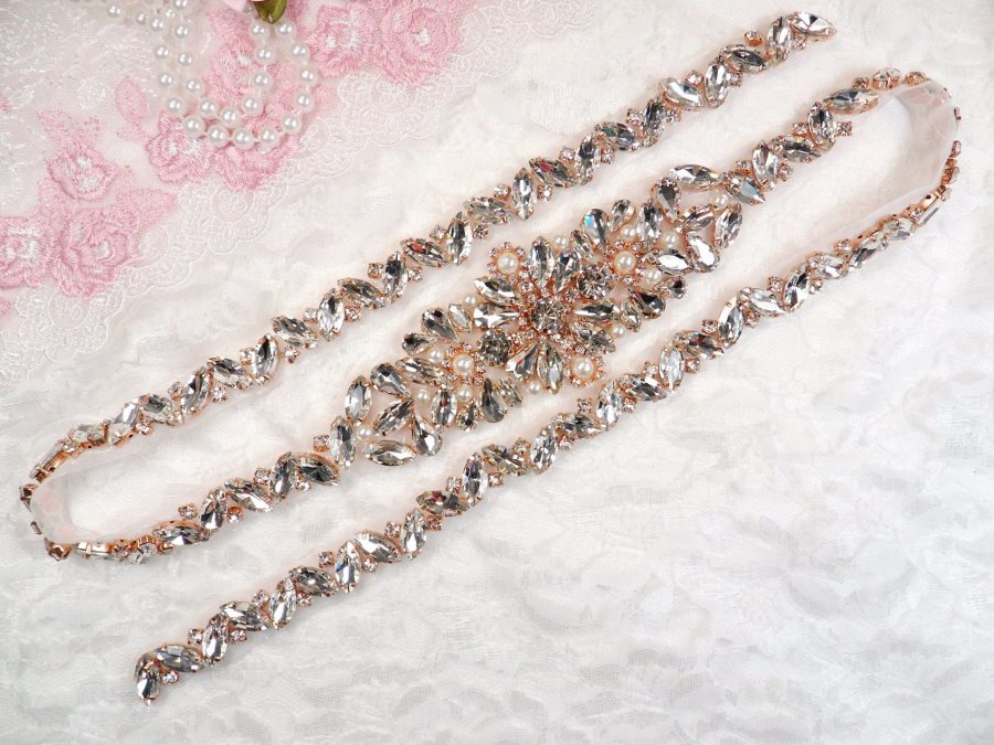 Rose Gold Bridal Sash Applique w/ Matching Beads and Pearls Surrounding  Crystal Rhinestones