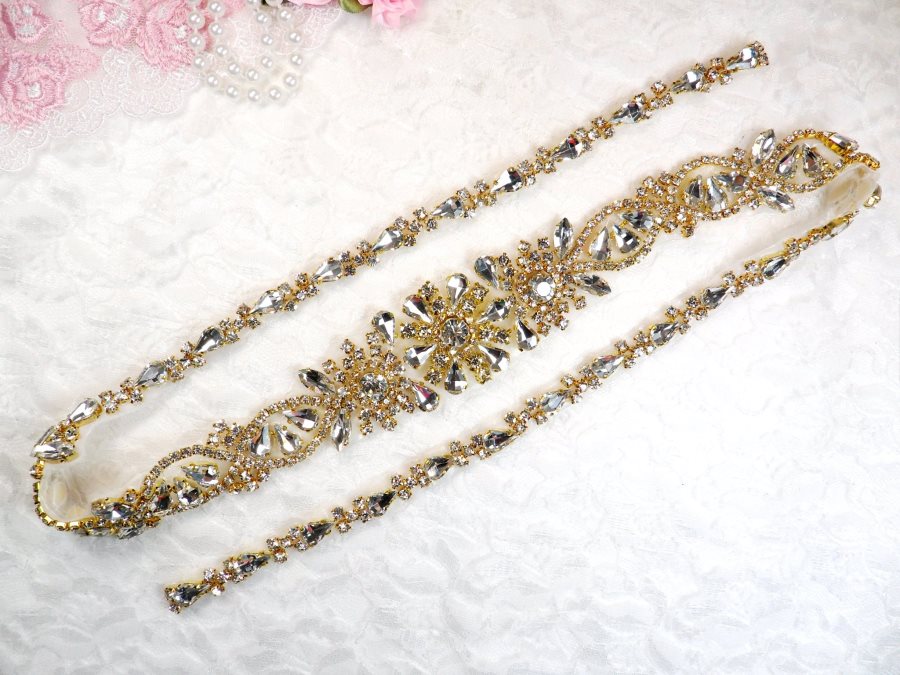 Gold Bridal Sash Applique w/ Crystal Rhinestones 36 (GB626)