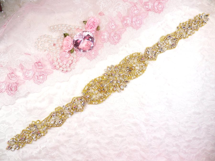 Gold Bridal Sash Applique w/ Beads and Pearls Surrounding Crystal Rhinestones 18.5 (GB628)