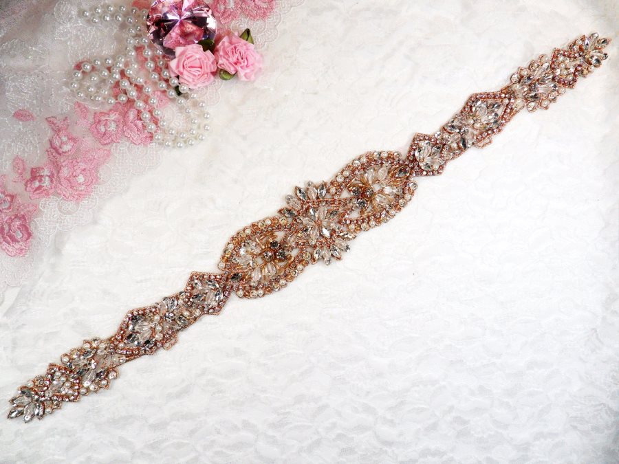 Rose Gold Bridal Sash Applique w/ Beads and Pearls Surrounding Crystal Rhinestones 18.5 (GB628)