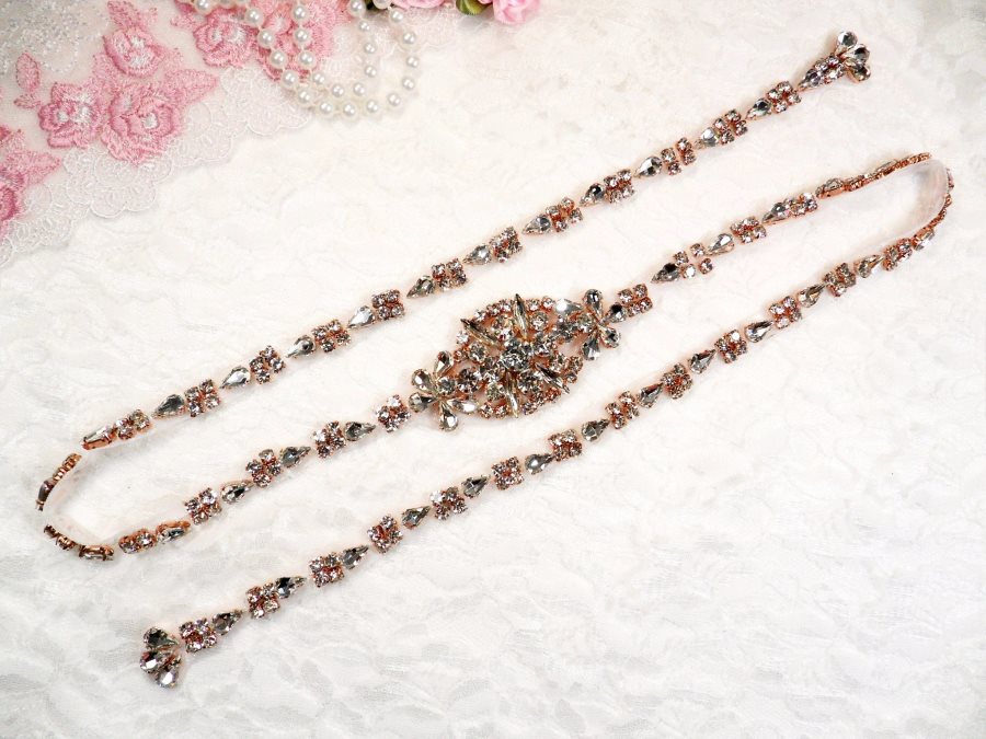 Rose Gold Bridal Sash Applique w/ Crystal Rhinestones 35 GB631