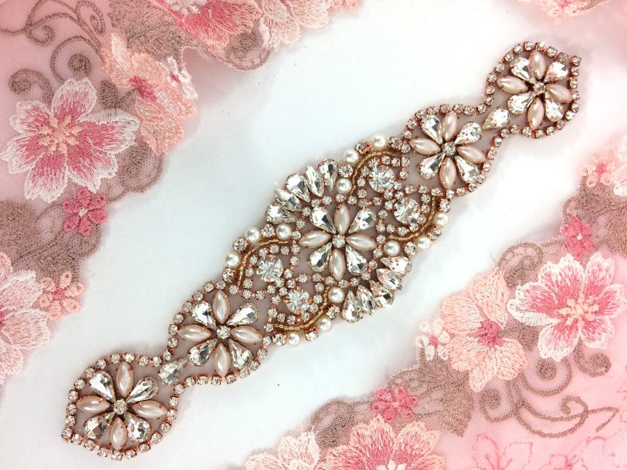 Crystal Rhinestone Rose Gold Pearl Beaded Applique 8 (GB640)