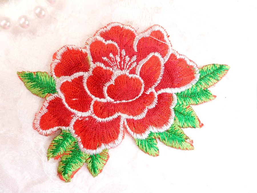 Floral Red Embroidered Flower Applique Iron On Patch