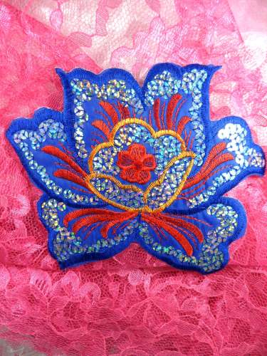 GB66 Blue Red Embroidered Flower Silver AB Sequin Applique 6.5