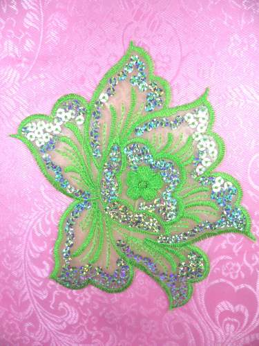 GB66 Lime Embroidered Flower Silver AB Sequin Applique 6.5