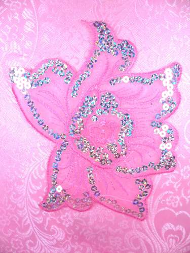 GB66 Pink Embroidered Flower Silver AB Sequin Applique 6.5