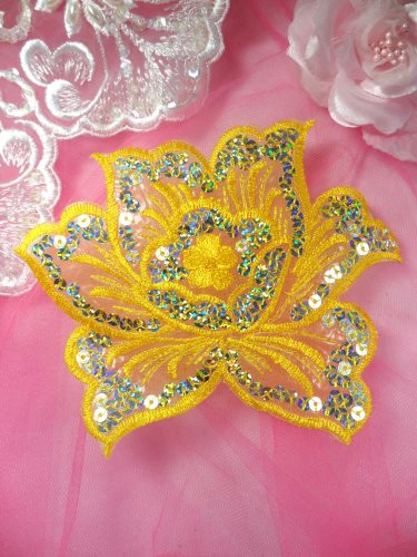 GB66 Yellow Embroidered Flower Silver AB Sequin Applique 6.5
