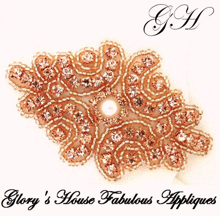 Rhinestone Rose Gold Applique Matching Beads w/ White Pearl Center 3.25 (GB663)