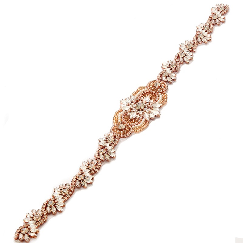 Rose Gold Bridal Sash Applique w/ Beads and Pearls Surrounding Crystal Rhinestones 18.5 GB724