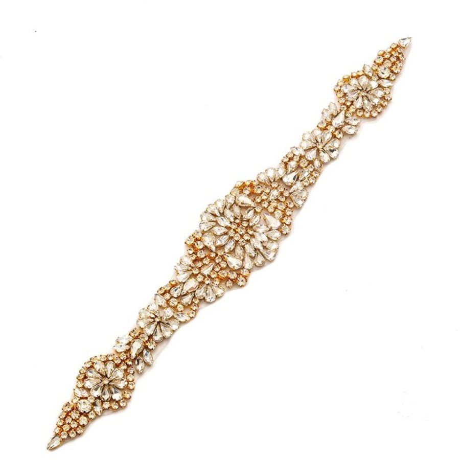 Gold Crystal Applique w/ Endless Glass Rhinestones Marquise Teardrop Beautiful Sparkle For Wedding Gown Designs 13 GB730