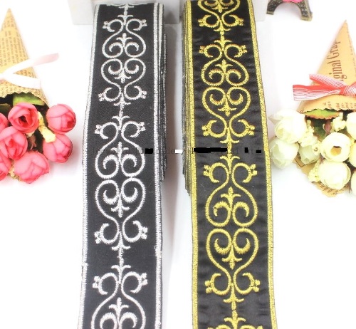 Black Trim Silver Metallic Designer Scroll Sewing Iron on Border Edging GB735