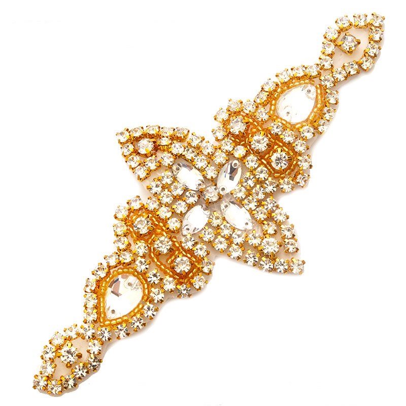 Gold Beaded Applique Crystal Rhinestones Gold Settings Bridal Bling Patch