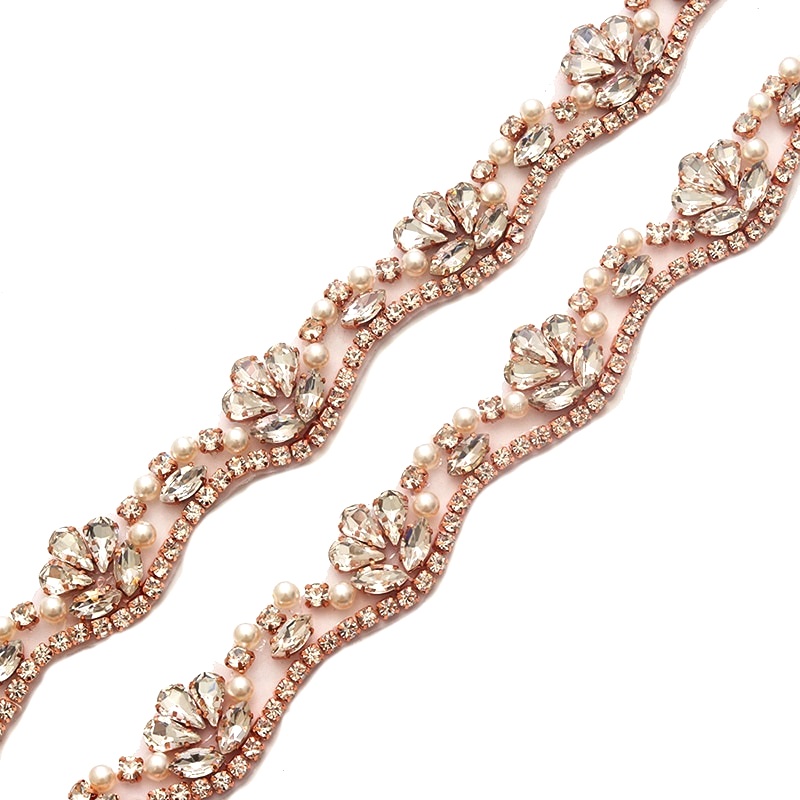Pre-Cut at 36 Wavy Crystal Rhinestone Rose Gold setting White Pearl Bridal Trim Marquise Teardrop Stones GB740