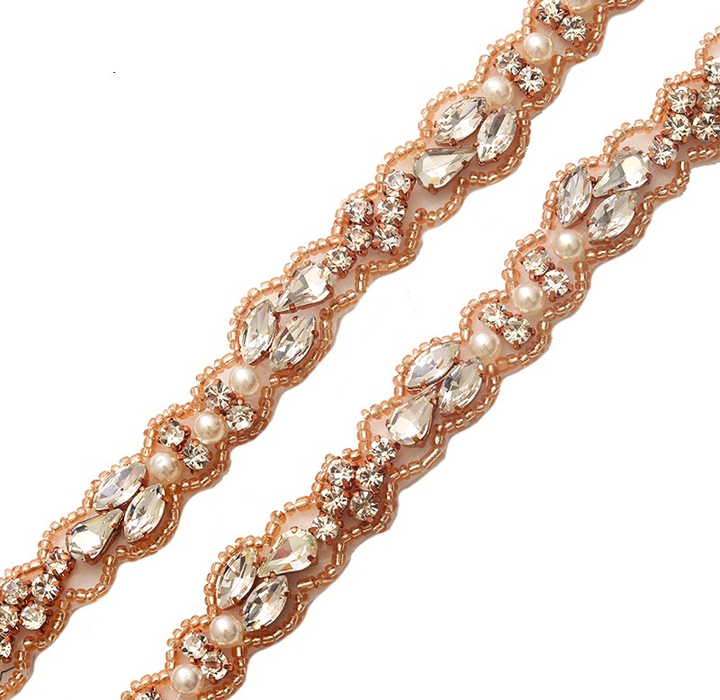 Pre-Cut 36 Crystal Rhinestone Rose Gold setting White Pearl Bridal Trim Marquise Teardrop Stones Beaded Edge Finished Ends GB742