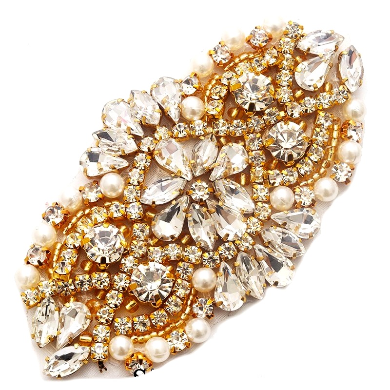 Gold Applique Beaded w Crystal Rhinestones and Pearls