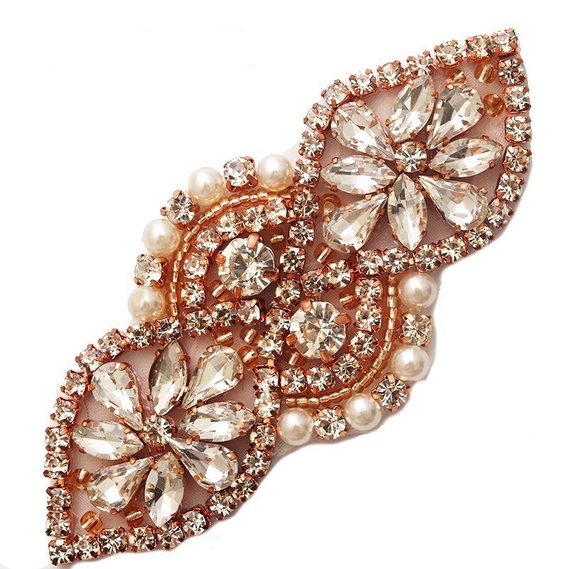 Rose Gold Beaded Applique with Crystal Rhinestones and Pearls 3.75 GB751