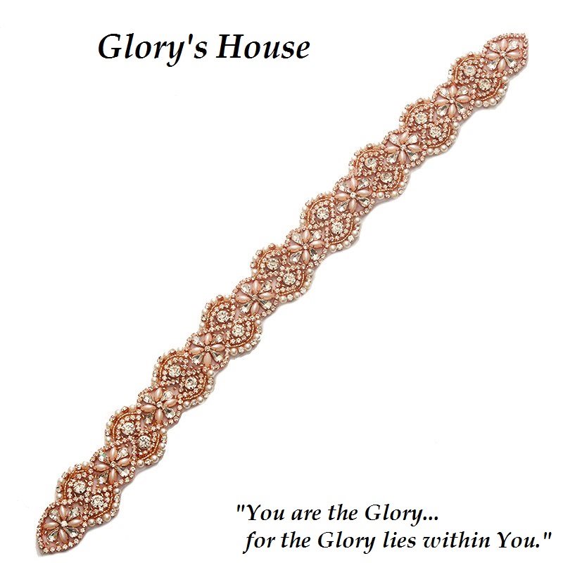 Bridal Sash Applique Rose Gold Beaded with Crystal Rhinestones and Pearls 18 GB759