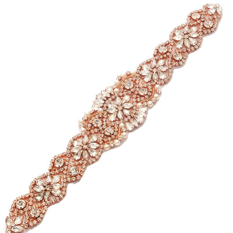 Gold Bridal Sash Applique w/ Beads and Pearls Surrounding Crystal Rhinestones 11 GB799