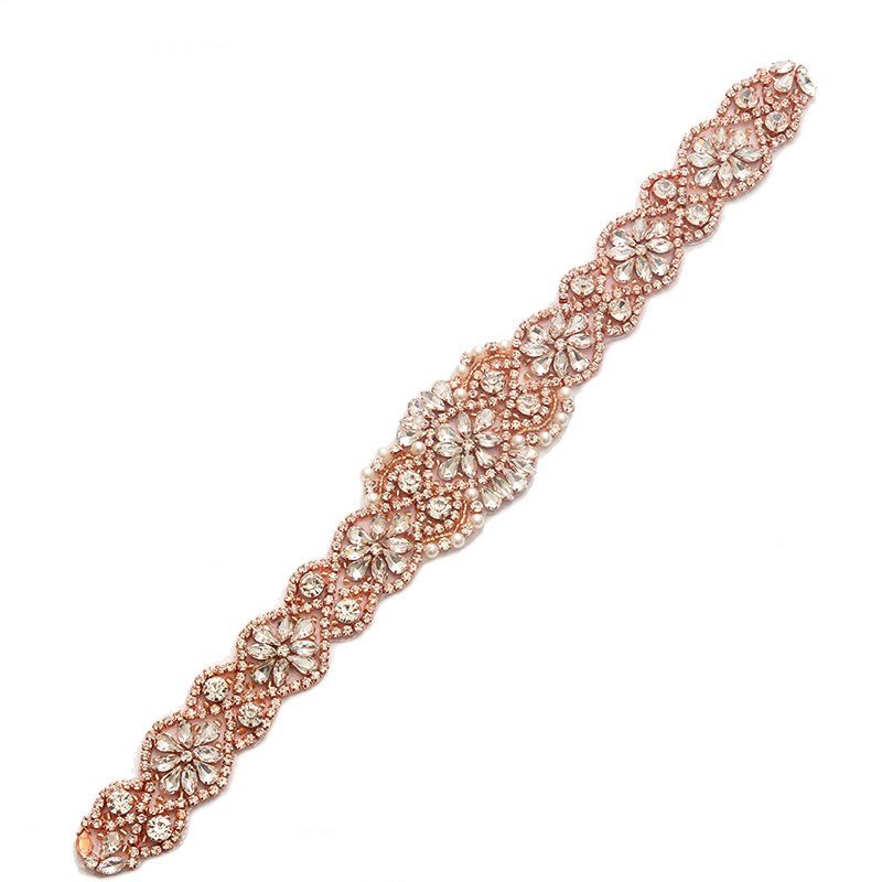 Rose Gold Bridal Sash Applique w/ Beads and Pearls Surrounding Crystal Rhinestones 15 GB800