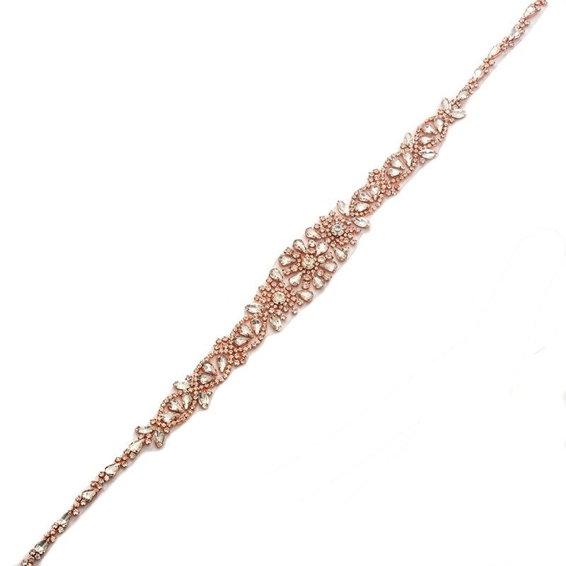 Rose Gold Bridal Sash Applique w/ Crystal Rhinestones 23 GB803