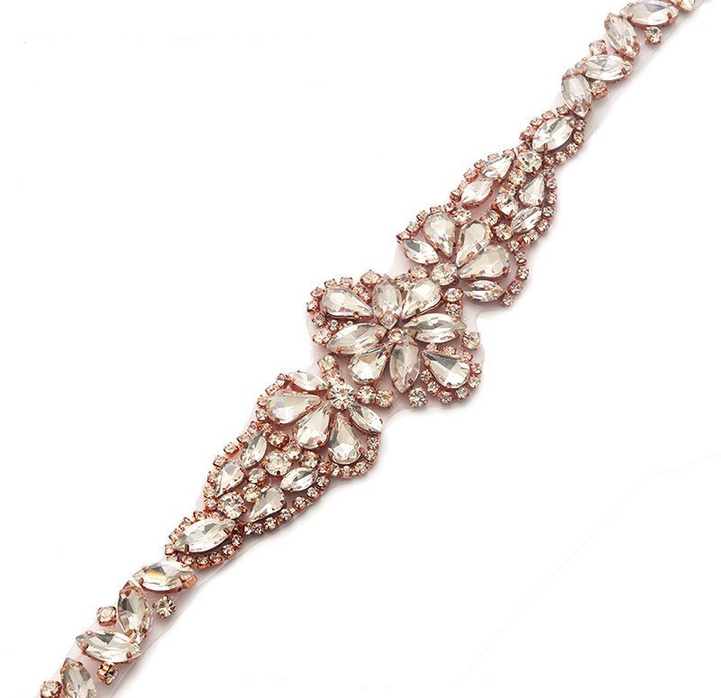 Rose Gold Bridal Sash Applique w/ Matching Beads Surrounding Crystal Rhinestones 18  GB805