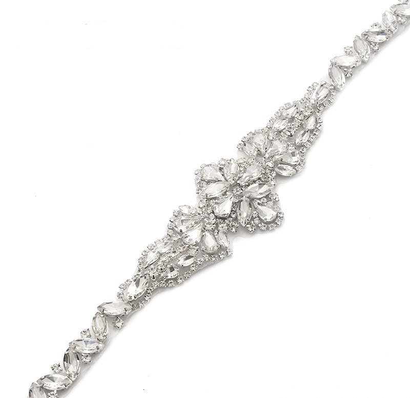 Silver Bridal Sash Applique w/ Matching Beads Surrounding Crystal Rhinestones 18  GB805