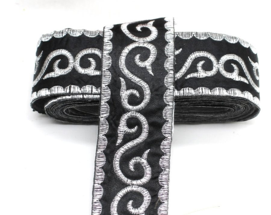 Black Trim Silver Metallic Designer Scroll Sewing Iron on Border Edging GB809