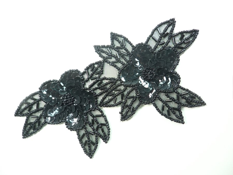 Double Floral Cluster Applique of Black Flowers Sequins Beads Iron On 6.5 GB818
